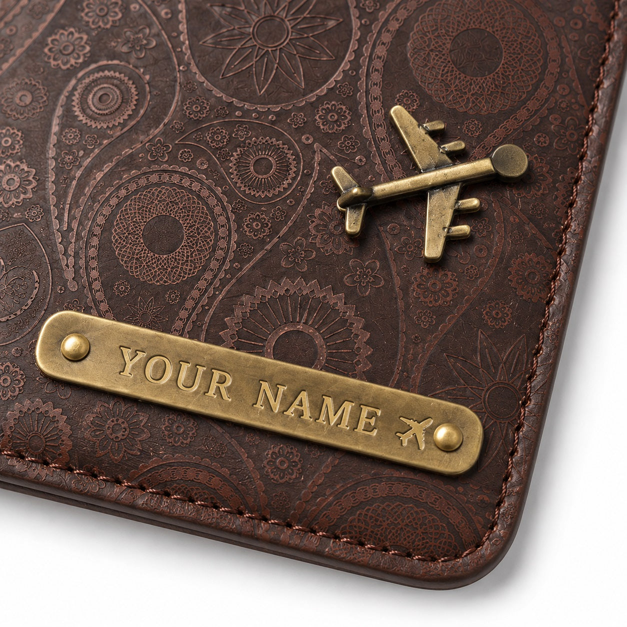 Personalized Passport Cover with Custom Name Tag & Airplane Charm - Brown