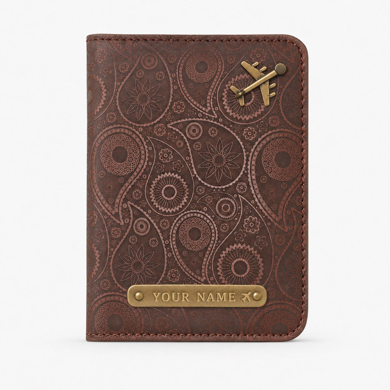 Personalized Passport Cover with Custom Name Tag & Airplane Charm - Brown