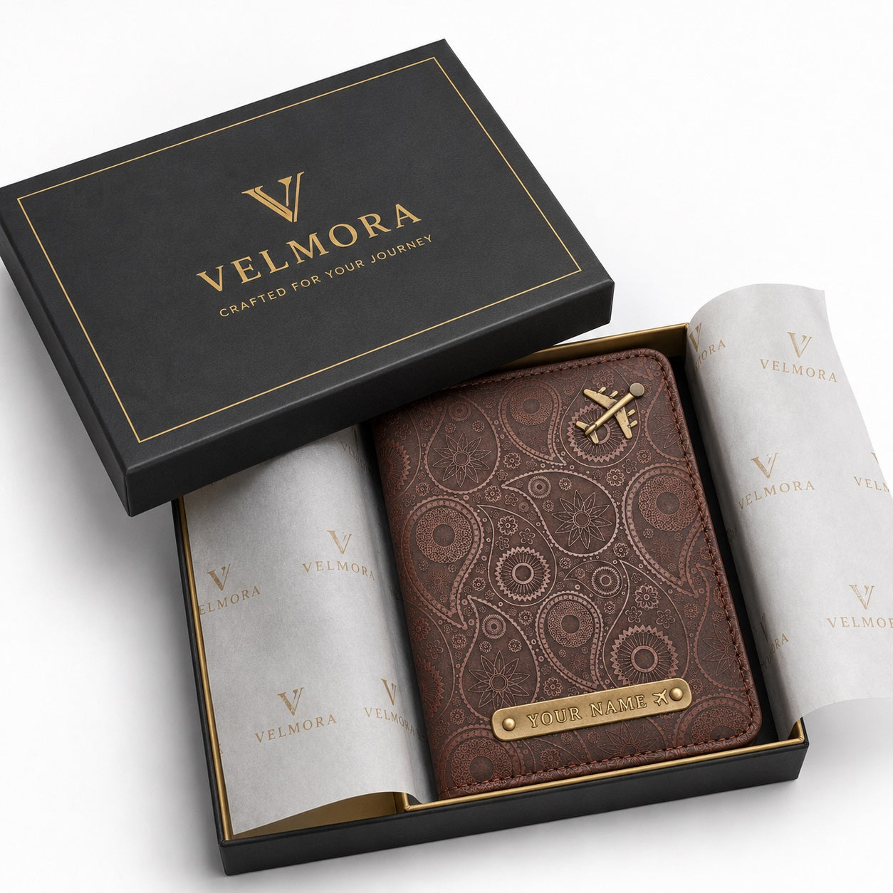 Personalized Passport Cover with Custom Name Tag & Airplane Charm - Brown